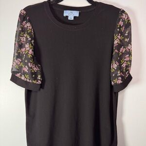 CeCe Black crew neck blouse with Floral Sleeves
